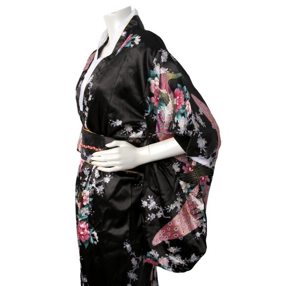 Satin Kimono Floral Japanese Style Dress Flower Peacock Belt Black Pink Blue NEW - Picture 7 of 14
